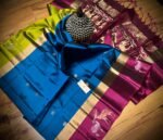 Royal Blue Silk Saree with Lime Green & Magenta Gold Zari Contrast Border