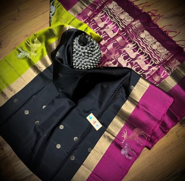 Classic Black Gold Zari Silk Saree with Rani Pink Deer Motif Border