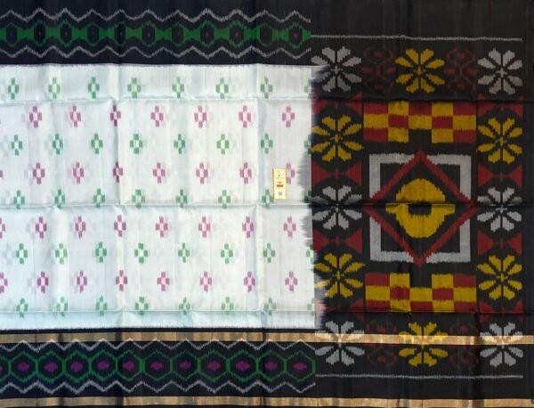 Elegant Off-White Ikat Silk Saree with Black Contrast Pallu