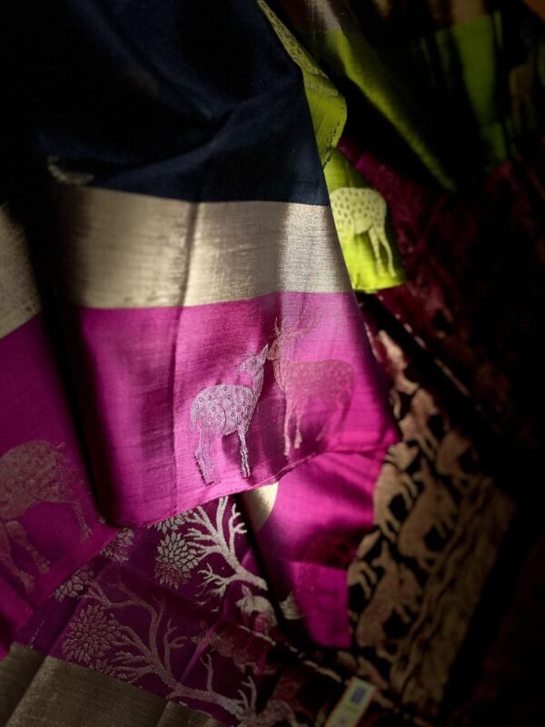 Classic Black Gold Zari Silk Saree with Rani Pink Deer Motif Border