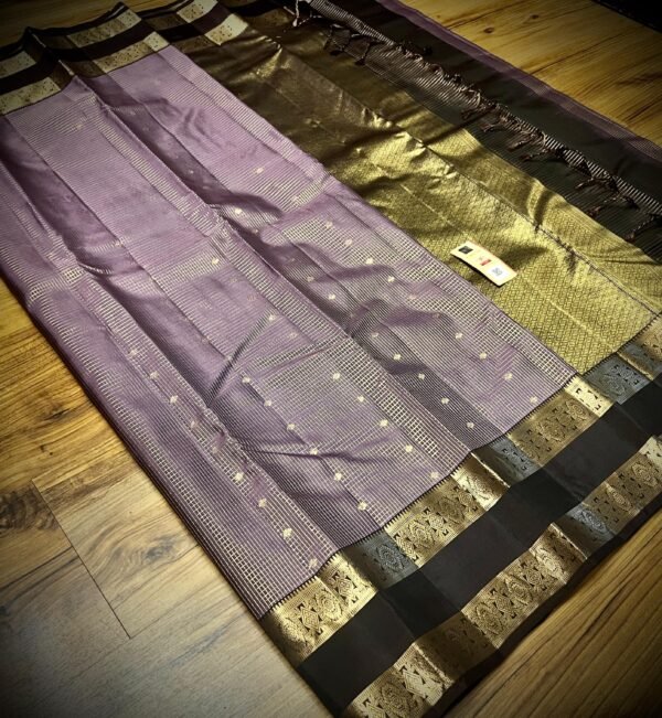 Elegant Mauve Gold Zari Silk Saree with Classic Black Border