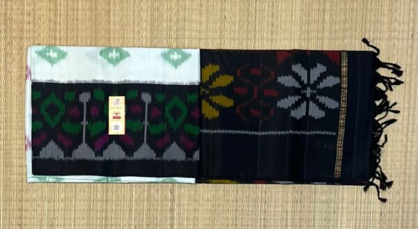 Graceful Off-White Ikat Silk Saree with Black Temple Border & Statement Pallu