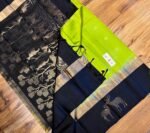 Vibrant Parrot Green Silk Saree with Black Gold Zari Contrast Border & Pink Pallu