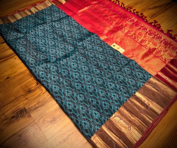 Royal Teal Brocade Silk Saree with Contrast Red Gold Zari Pallu