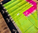 Vibrant Parrot Green Silk Saree with Black Gold Zari Contrast Border & Pink Pallu