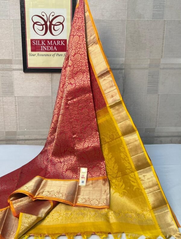 Elegant Red & Mustard Pure Silk Gold Zari Saree