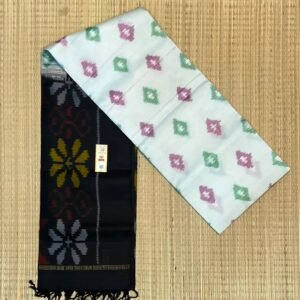 Graceful Off-White Ikat Silk Saree with Black Temple Border & Statement Pallu