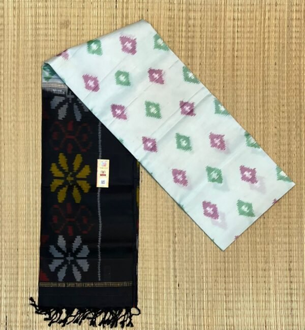 Graceful Off-White Ikat Silk Saree with Black Temple Border & Statement Pallu