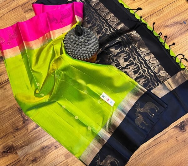 Vibrant Parrot Green Silk Saree with Black Gold Zari Contrast Border & Pink Pallu