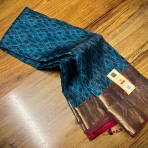 Royal Teal Brocade Silk Saree with Contrast Red Gold Zari Pallu