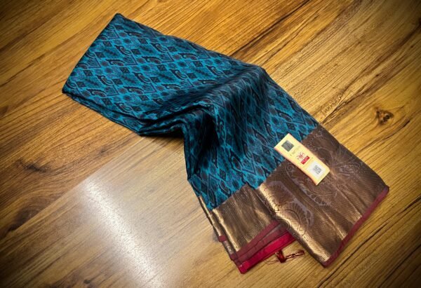 Royal Teal Brocade Silk Saree with Contrast Red Gold Zari Pallu