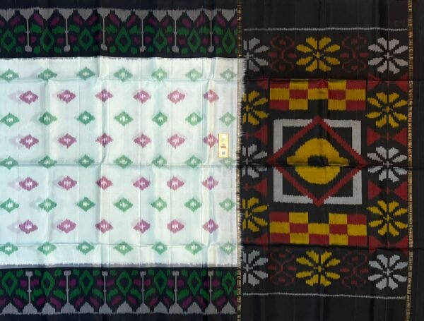 Graceful Off-White Ikat Silk Saree with Black Temple Border & Statement Pallu