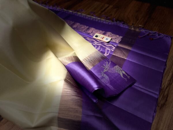 Graceful Lemon Yellow Gold Zari Silk Saree with Lavender Deer Motif Border