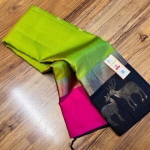 Vibrant Parrot Green Silk Saree with Black Gold Zari Contrast Border & Pink Pallu
