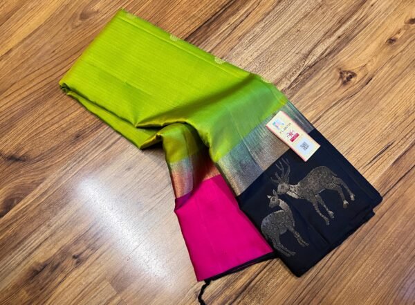 Vibrant Parrot Green Silk Saree with Black Gold Zari Contrast Border & Pink Pallu
