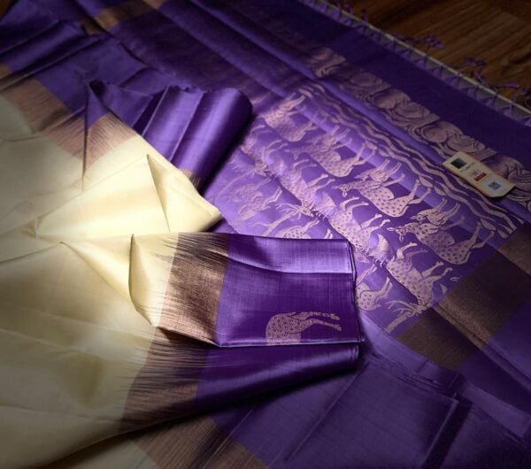 Graceful Lemon Yellow Gold Zari Silk Saree with Lavender Deer Motif Border