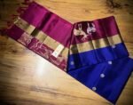 Royal Blue Silk Saree with Magenta Gold Zari Contrast Border & Lime Green Accents