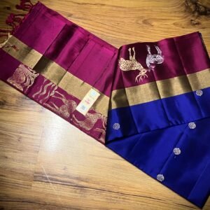 Royal Blue Silk Saree with Magenta Gold Zari Contrast Border & Lime Green Accents