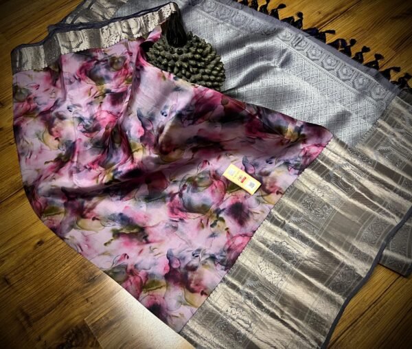 Blush Pink Floral Print Silk Saree with Silver Gold Zari Border