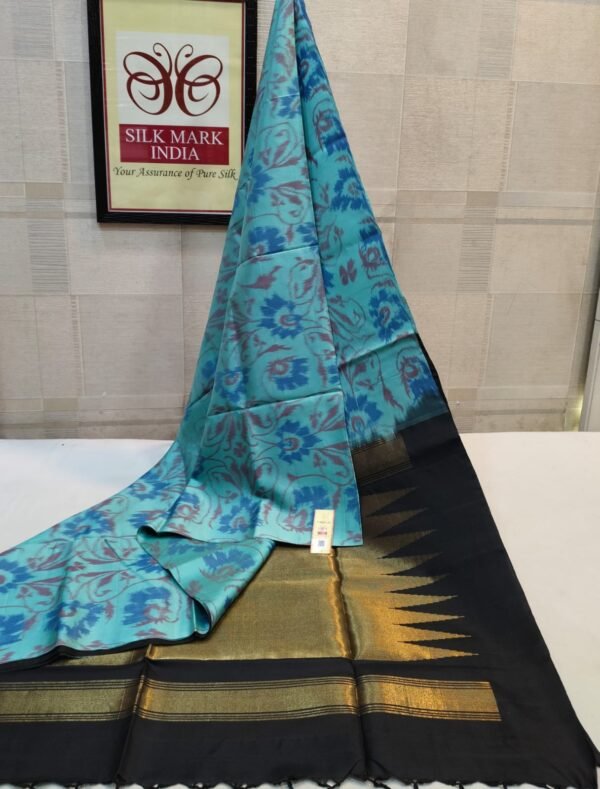 Serene Aqua Blue Pochampally Ikat Saree with Floral Vines & Gold Zari Pallu