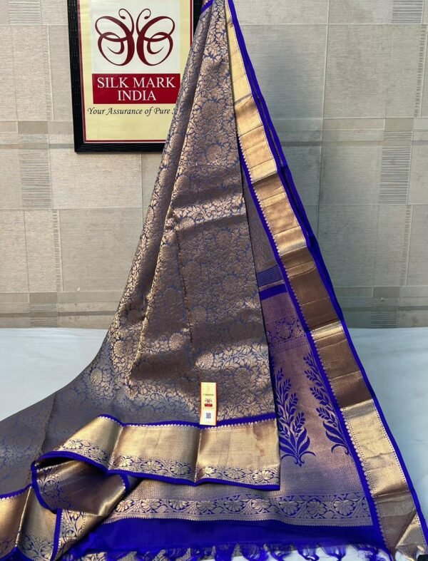Royal Grey & Blue Pure Silk Gold Zari Saree
