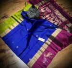 Royal Blue Silk Saree with Magenta Gold Zari Contrast Border & Lime Green Accents