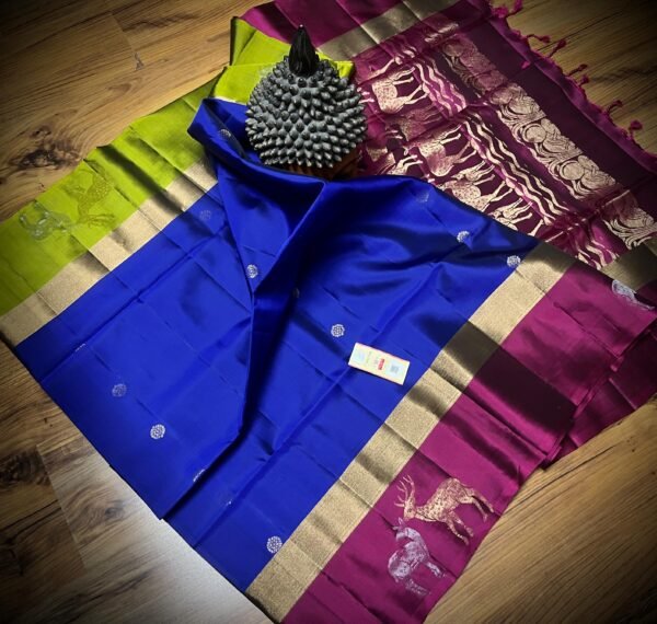 Royal Blue Silk Saree with Magenta Gold Zari Contrast Border & Lime Green Accents