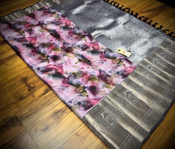 Blush Pink Floral Print Silk Saree with Silver Gold Zari Border