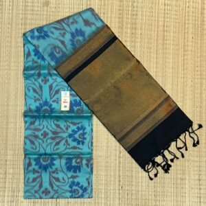 Serene Aqua Blue Pochampally Ikat Saree with Floral Vines & Gold Zari Pallu