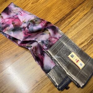 Blush Pink Floral Print Silk Saree with Silver Gold Zari Border