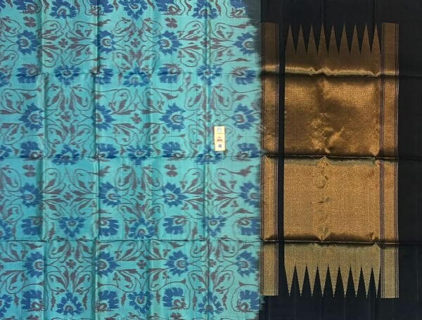 Serene Aqua Blue Pochampally Ikat Saree with Floral Vines & Gold Zari Pallu