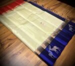 Elegant Cream Silk Saree with Royal Blue Gold Zari Contrast Border & Red Pallu