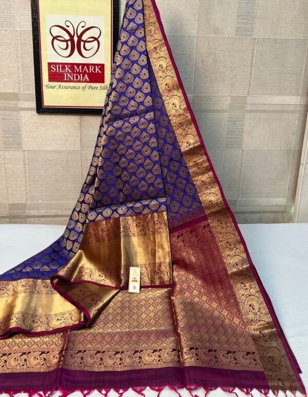 Royal Blue & Maroon Pure Silk Saree with Rich Zari Border