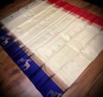 Elegant Cream Silk Saree with Royal Blue Gold Zari Contrast Border & Red Pallu