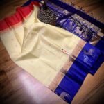 Elegant Cream Silk Saree with Royal Blue Gold Zari Contrast Border & Red Pallu