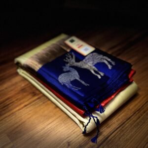 Elegant Cream Silk Saree with Royal Blue Gold Zari Contrast Border & Red Pallu