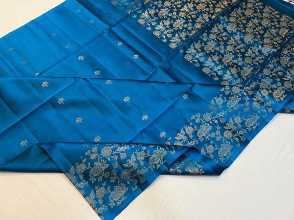 Royal Azure Blue Gold Zari Silk Saree with Floral Brocade Border