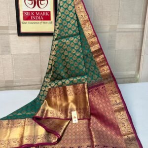 Emerald Green Silk Saree with Rich Gold Zari Border & Magenta Pallu