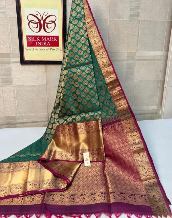 Emerald Green Silk Saree with Rich Gold Zari Border & Magenta Pallu