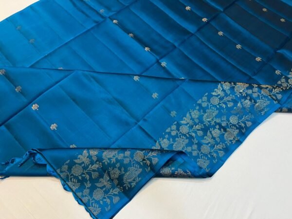 Royal Azure Blue Gold Zari Silk Saree with Floral Brocade Border