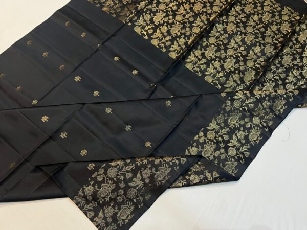 Classic Charcoal Black Gold Zari Silk Saree with Floral Border