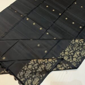 Classic Charcoal Black Gold Zari Silk Saree with Floral Border