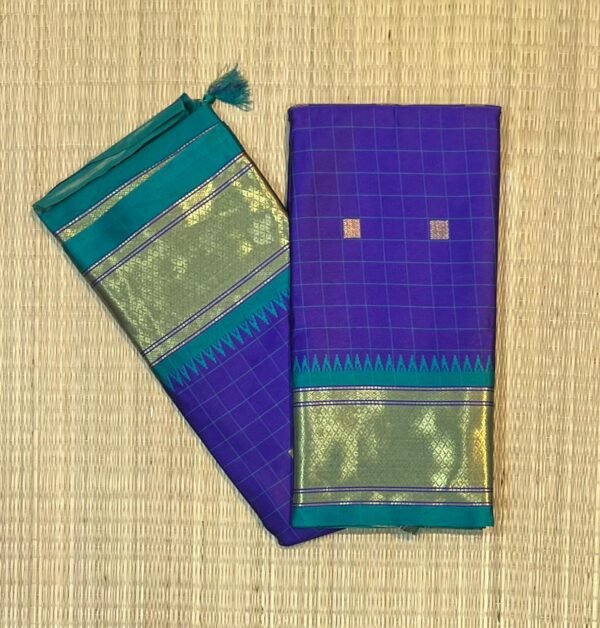 Vibrant Purple & Teal Temple Border Cotton-Mix Saree