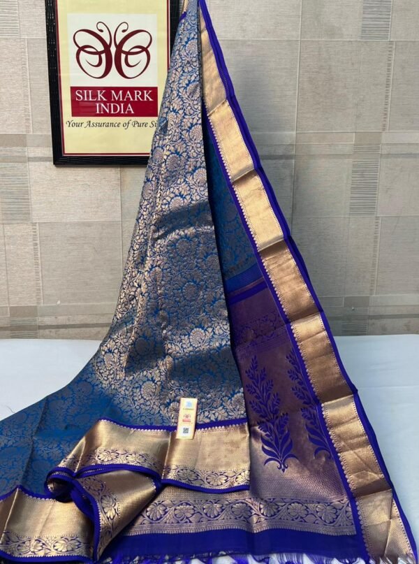Graceful Steel Blue & Royal Blue Pure Silk Gold Zari Saree