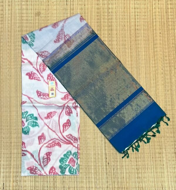 The Pearlescent Ivory & Deep Teal Pochampally Silk Saree