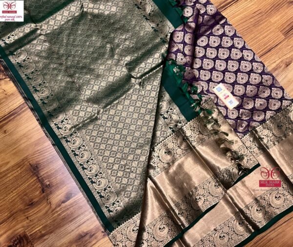 Royal Purple & Olive Green Pure Silk Saree with Rich Zari Detailing