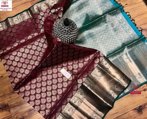 Elegant Maroon & Teal Pure Silk Saree with Intricate Zari Weaving