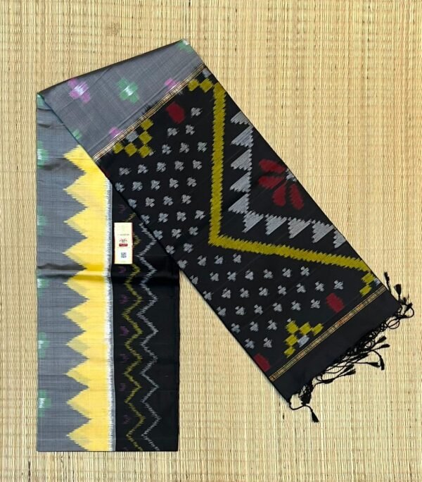 Exquisite Slate Grey & Jet Black Handloom Ikat Saree