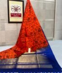 The Fiery Ochre & Imperial Blue Pochampally Ikat Silk Saree