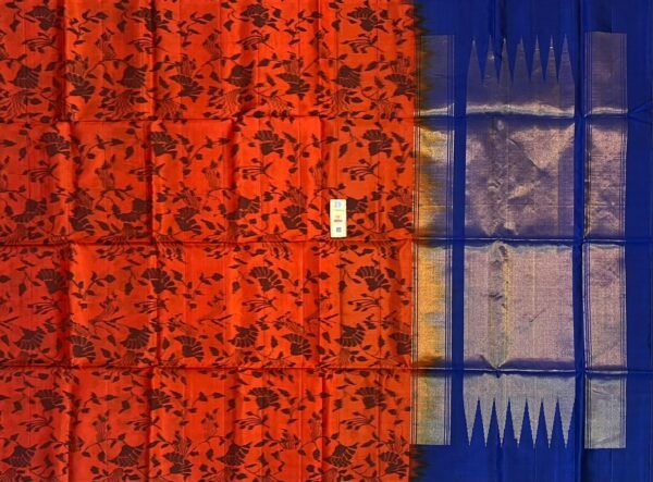 The Fiery Ochre & Imperial Blue Pochampally Ikat Silk Saree